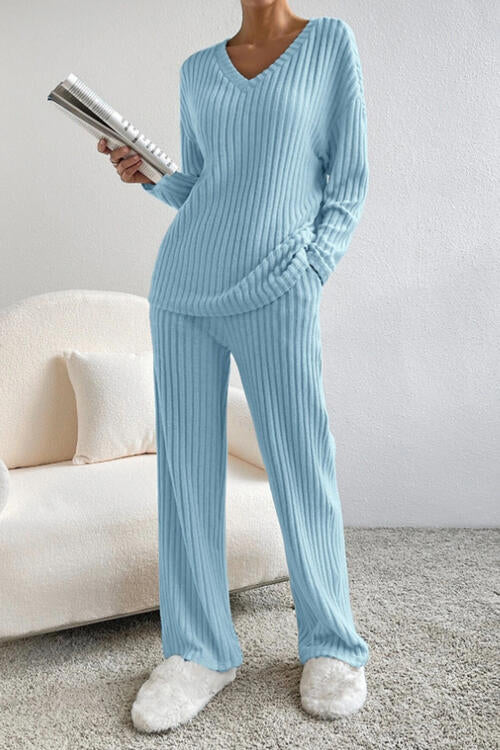 Ribbed V-Neck Top and Pants Set - Cowaa