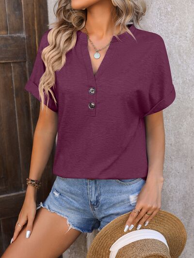 Notched Buttoned Short Sleeve T-Shirt - Cowaa