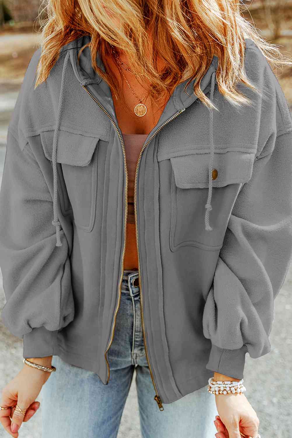 Zip-Up Drawstring Hooded Jacket - Cowaa