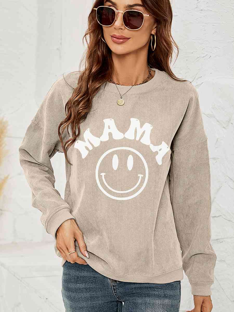 Round Neck Long Sleeve MAMA Graphic Sweatshirt - Cowaa