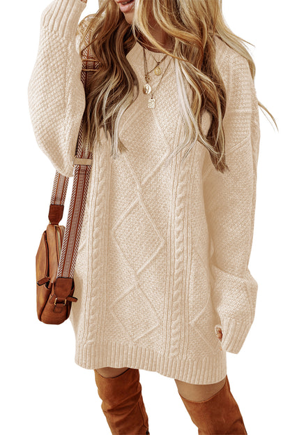 Oatmeal Cable Knit Drop Shoulder Loose Fit Sweater Dress - Cowaa
