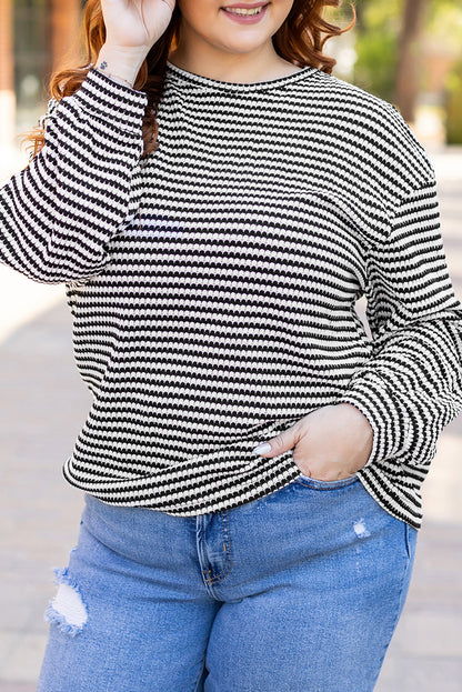 Black Stripe Drop Shoulder Puff Long Sleeve O Neck Plus Size T Shirt - Cowaa
