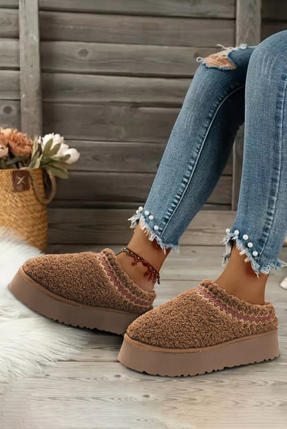 White Suede Contrast Print Plush Platform Snow Boots - Cowaa