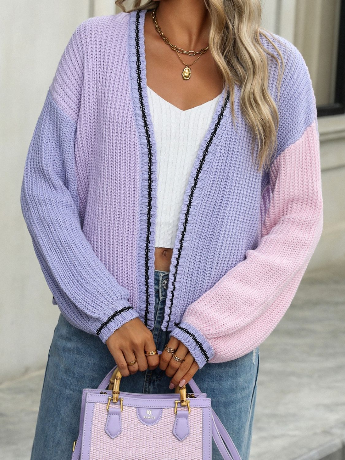 Contrast Open Front Long Sleeve Cardigan - Cowaa