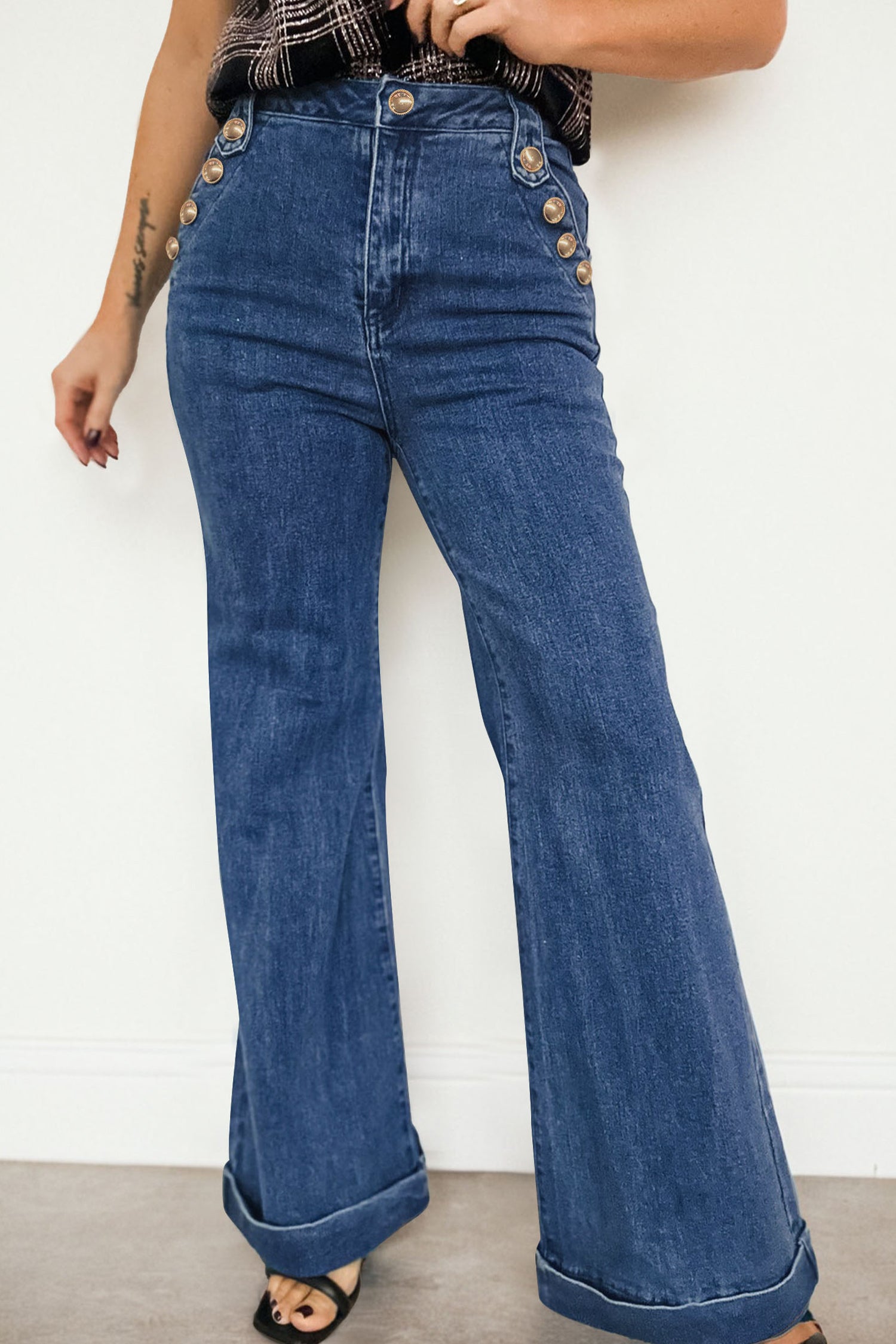 Ashleigh Blue Golden Button Detail Rolled Edge Flare Leg Jeans - Cowaa