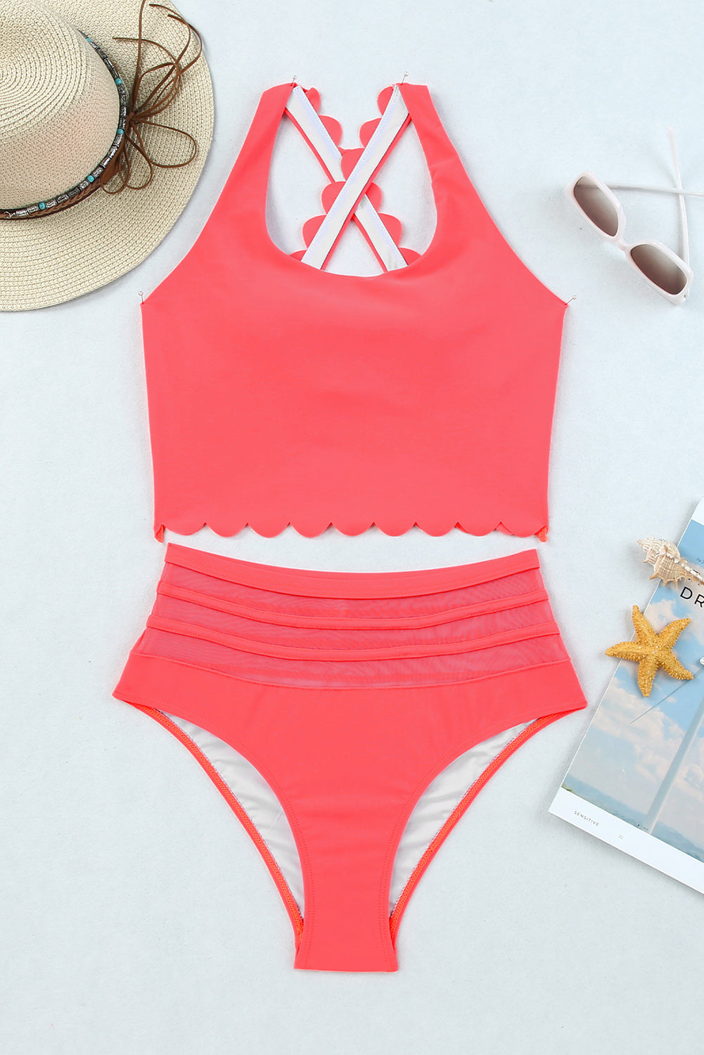 Pink Scalloped Criss Cross High Waist Bikini - Cowaa