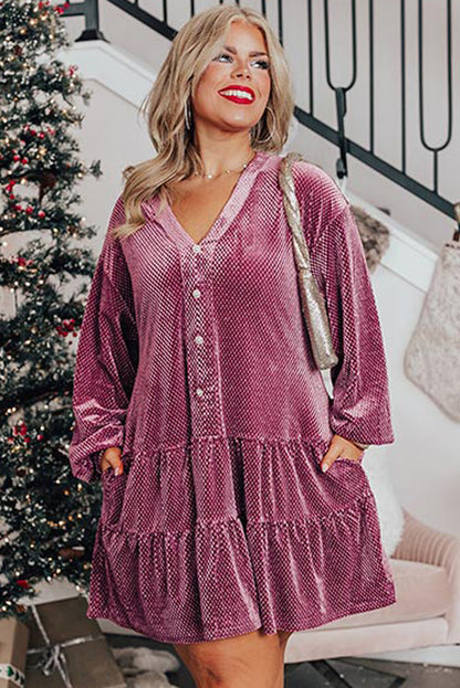 Meadow Mauve Plus Size Textured Velvet Tiered Buttons Tiered Dress - Cowaa