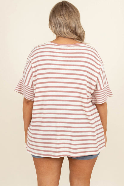 Pink Stripe Waffle Knit Pocket Half Sleeve Plus Size T Shirt