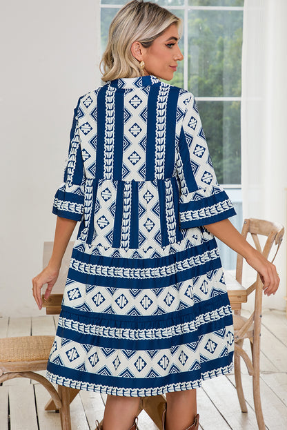 Black Abstract Print Bell Sleeve V Neck Boho Dress - Cowaa