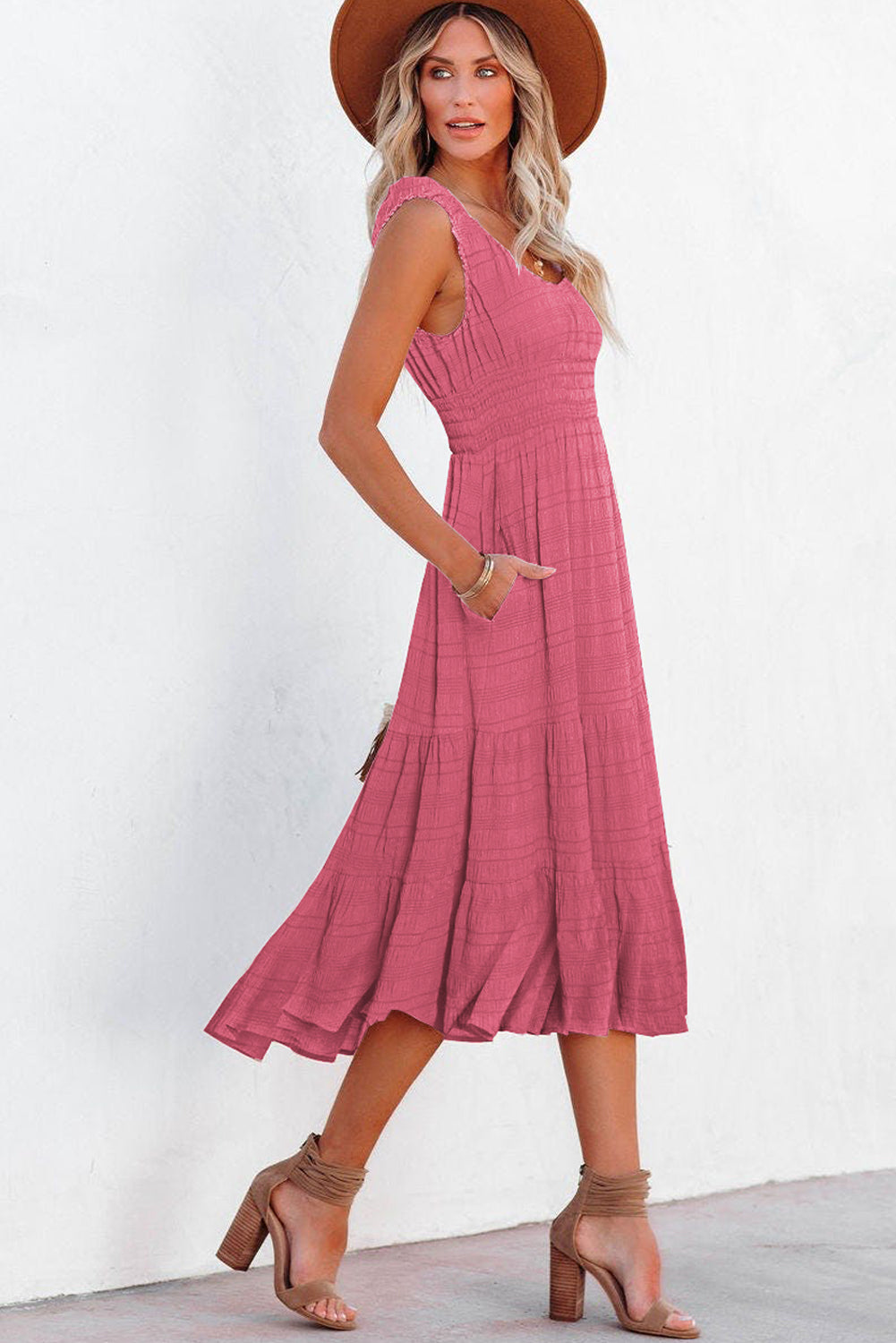 Rose Shirred Pleated Square Neck Sleeveless Midi Dress - Cowaa