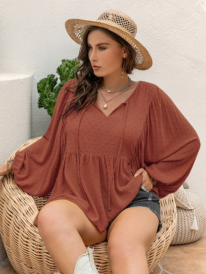 Plus Size Swiss Dot Tie Neck Long Sleeve Blouse - Cowaa