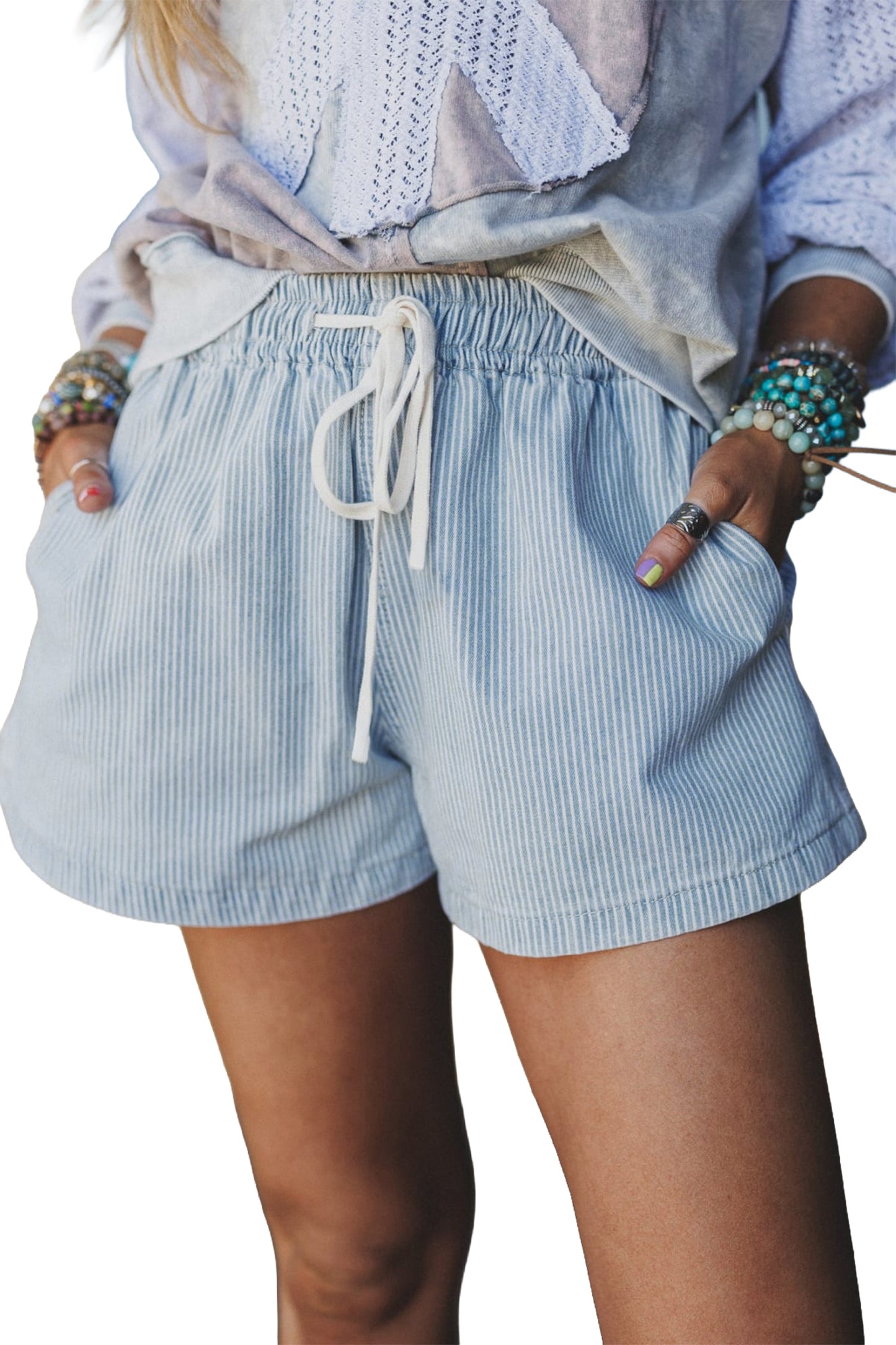 Sky Blue Stripe Drawstring Elastic Waist Casual Denim Shorts - Cowaa