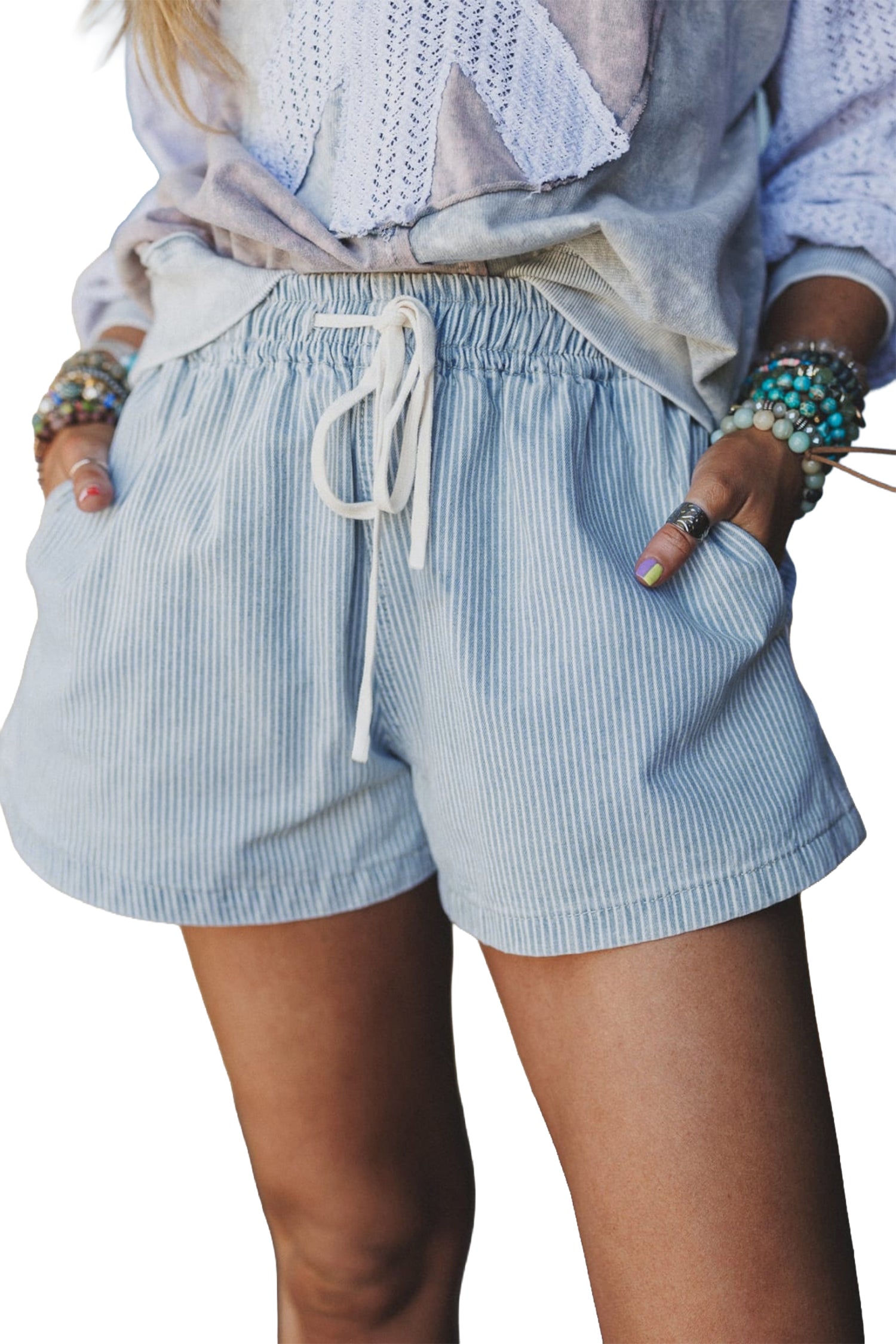 Sky Blue Stripe Drawstring Elastic Waist Casual Denim Shorts - Cowaa
