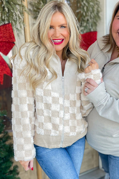Khaki Checker Sherpa Corduroy Patchwork Zip up Collared Jacket