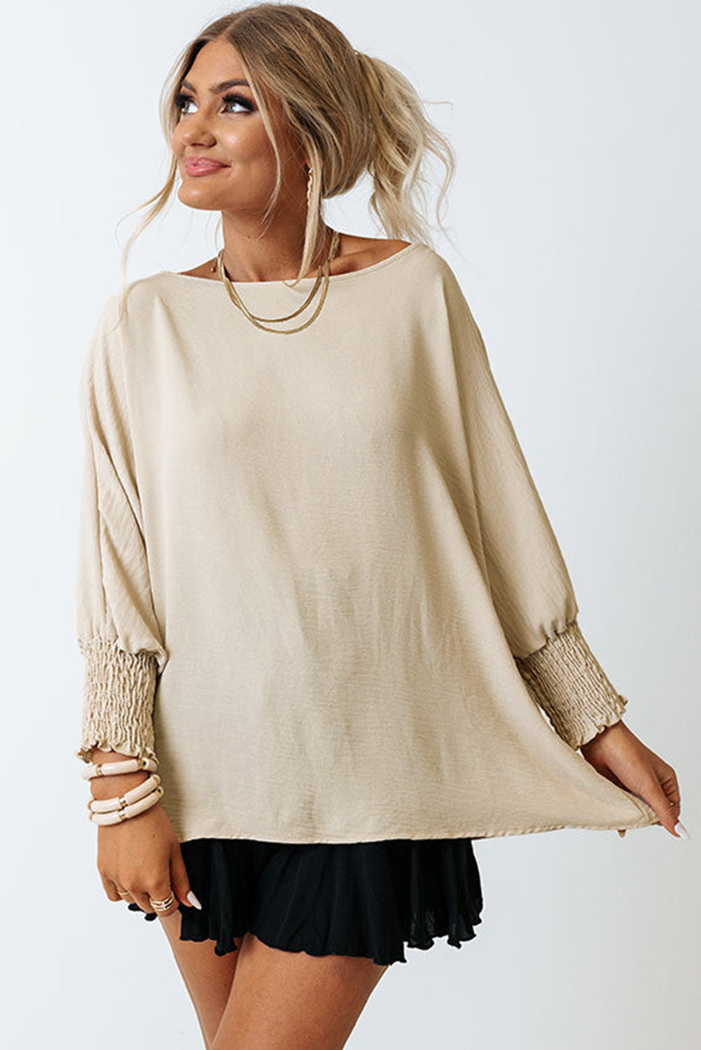 Apricot Solid Casual Smocked Cuffs Batwing Sleeve Blouse - Cowaa