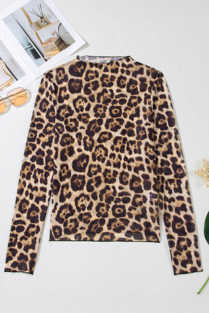 Smoke Gray Floral Print Slim Fit Mesh Long Sleeve Mock Neck Top