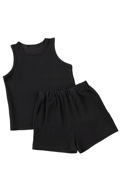 Medium Grey Corded Sleeveless Top and Pocketed Shorts Set - Cowaa