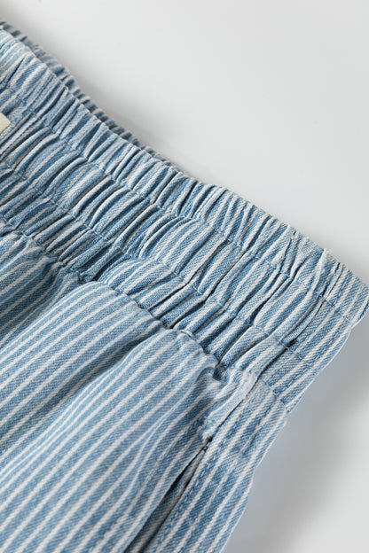 Sky Blue Stripe Drawstring Elastic Waist Casual Denim Shorts - Cowaa