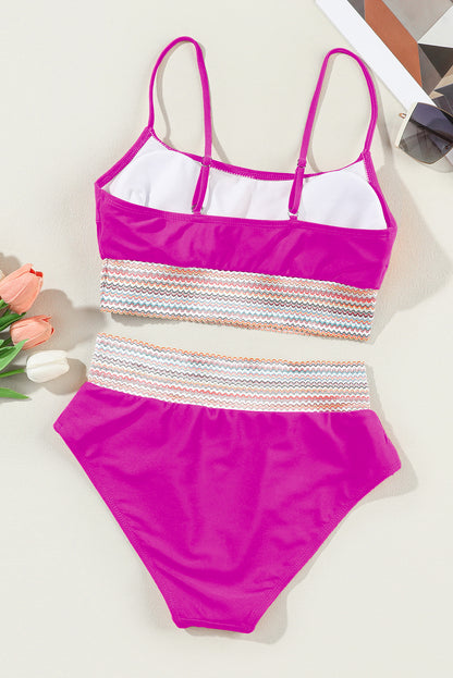 Black Striped Patchwork Spaghetti Strap High Waist Bikini Set - Cowaa