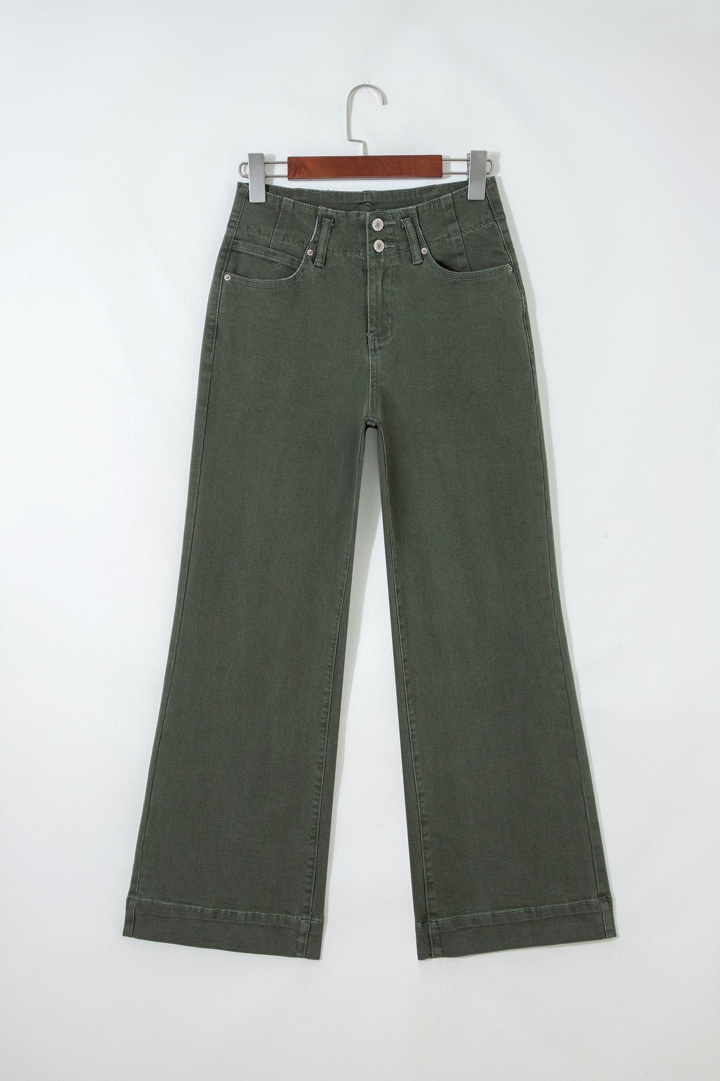 Mist Green 2-Button High Waist Flared Bottom Jeans - Cowaa
