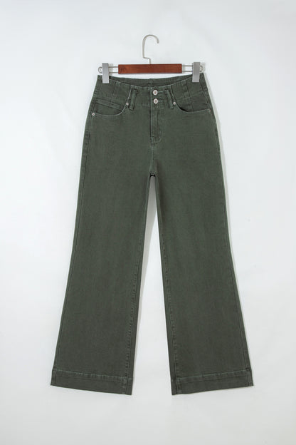 Mist Green 2-Button High Waist Flared Bottom Jeans - Cowaa