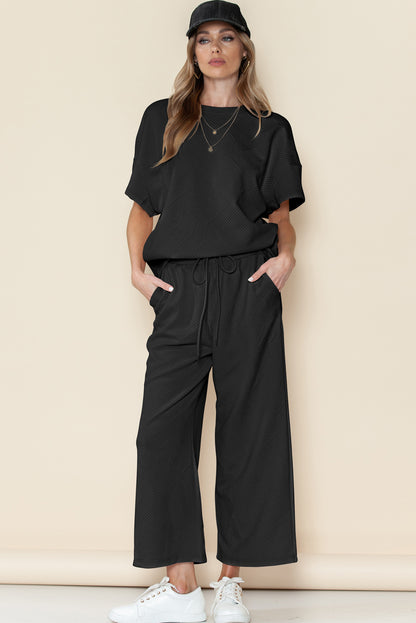 Navy Blue Textured Loose Fit T Shirt and Drawstring Pants Set - Cowaa
