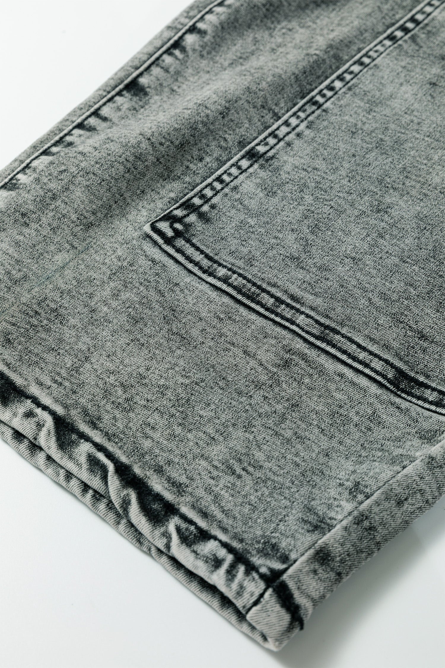 Gray Acid Wash Barrel Fit Denim Pants with Waist String - Cowaa