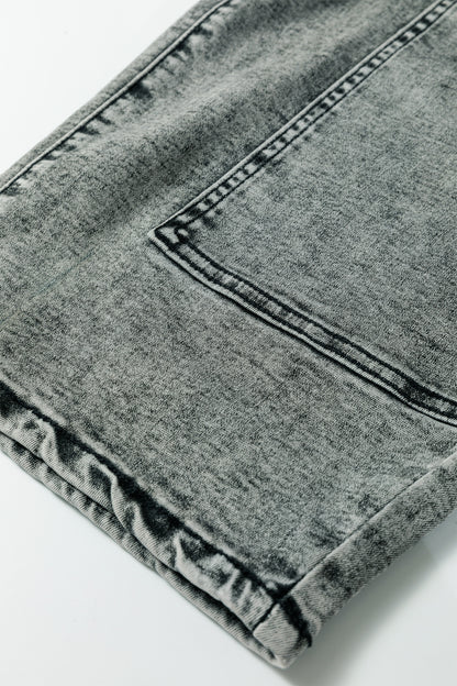 Gray Acid Wash Barrel Fit Denim Pants with Waist String - Cowaa