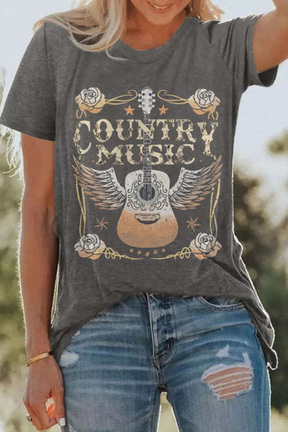 Gray COUNTRY MUSIC Guitar Graphic Print Crew Neck T Shirt - Cowaa