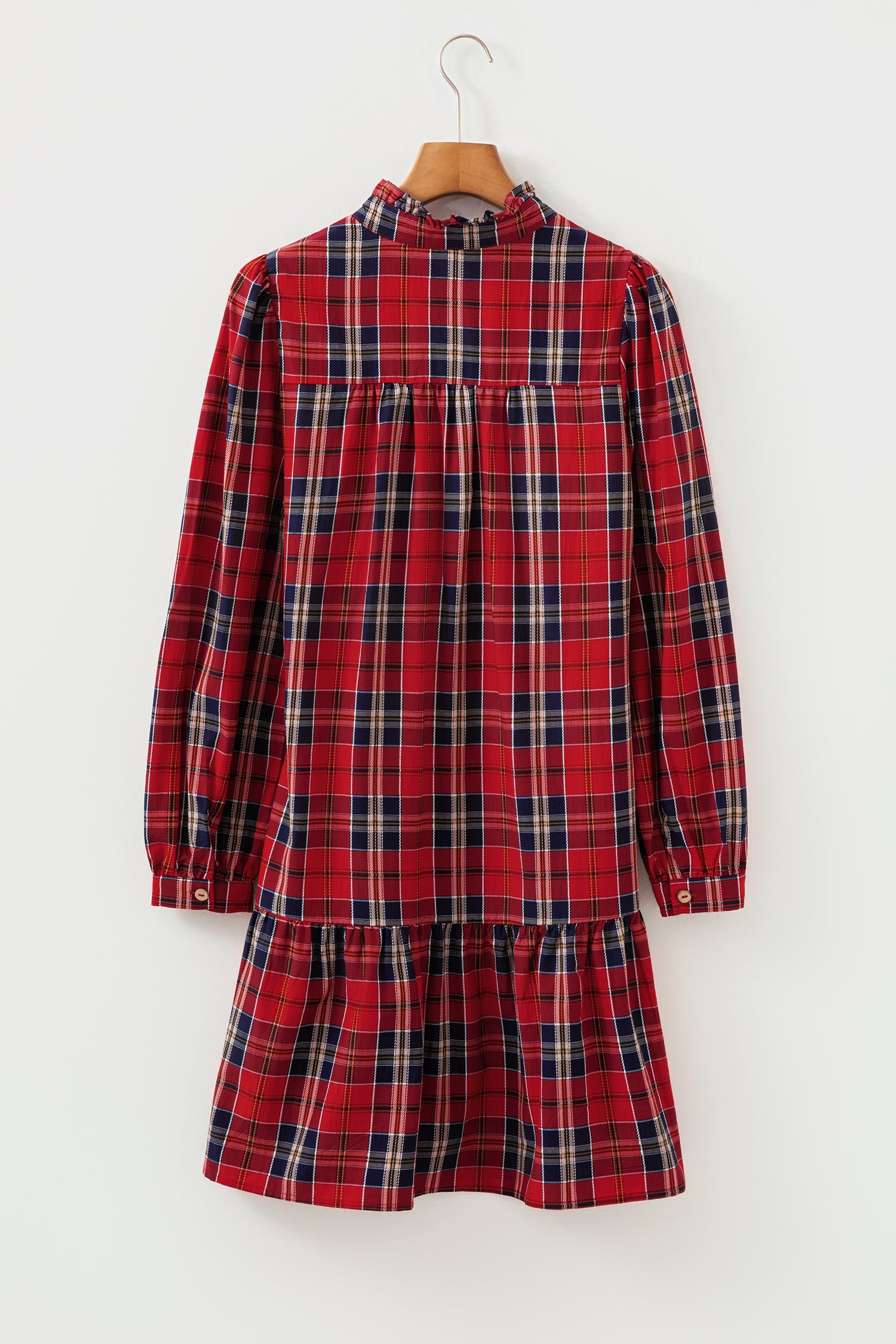 Red Plaid Print Frilly Collar Long Sleeve Shift Mini Dress - Cowaa