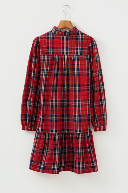 Red Plaid Print Frilly Collar Long Sleeve Shift Mini Dress - Cowaa