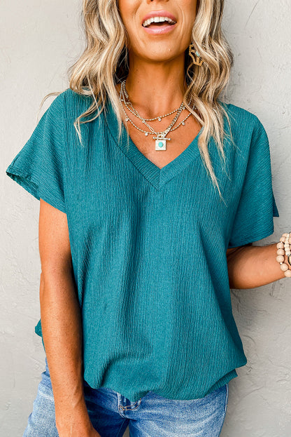 Black Plain Crinkled V Neck Short Sleeve Blouse - Cowaa