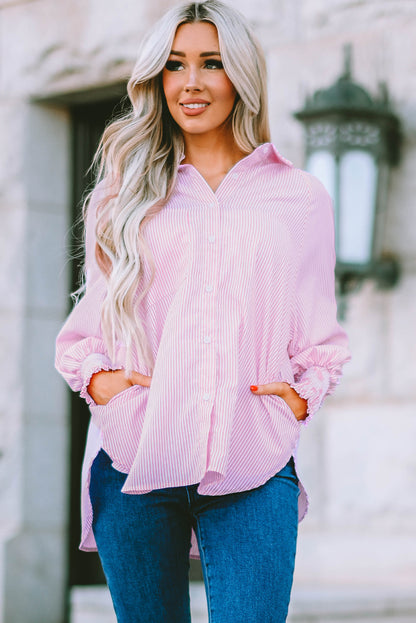 Black Striped Casual Shirred Cuffs Shirt - Cowaa