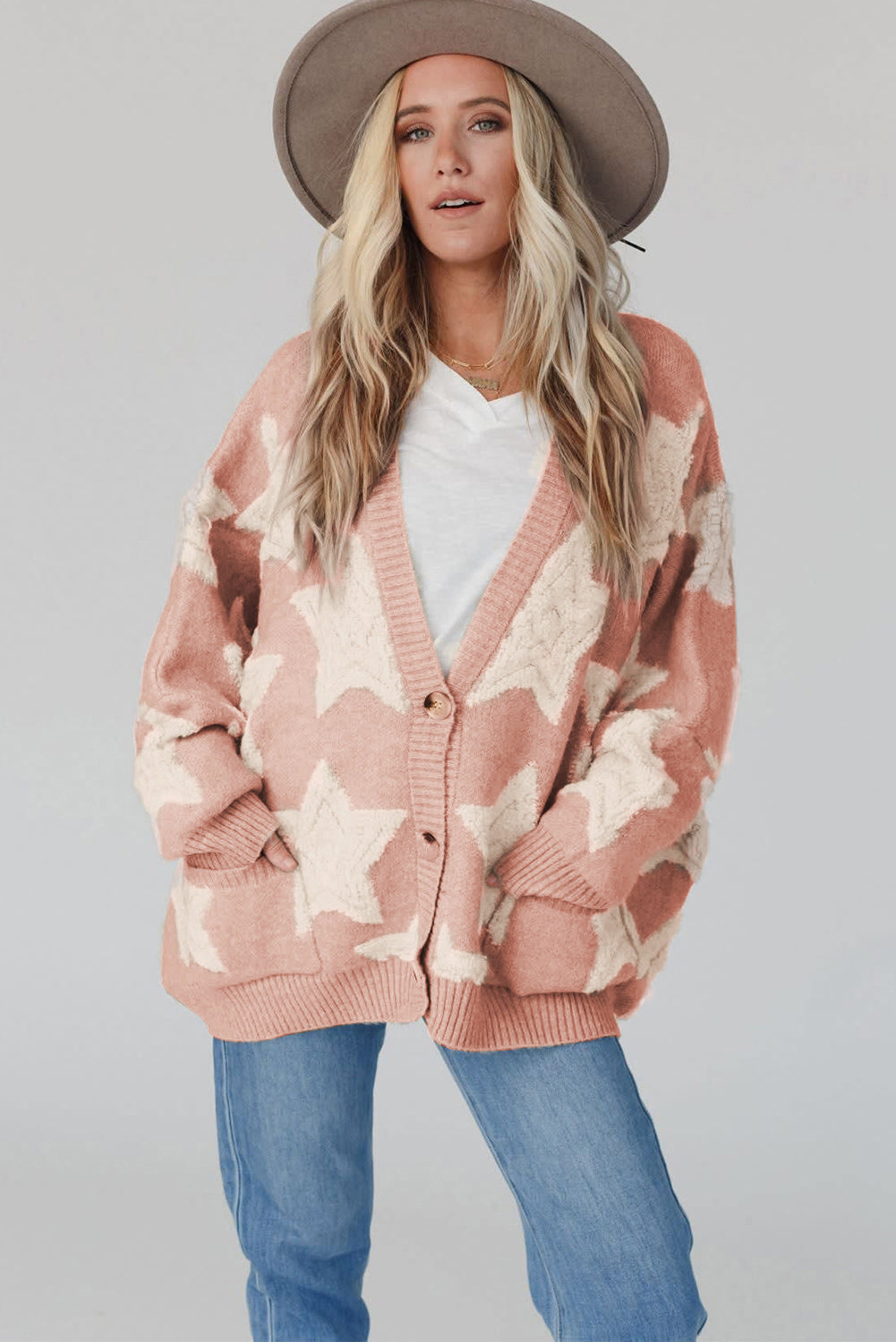 Khaki Star Pattern Pockets Button Front Cardigan - Cowaa