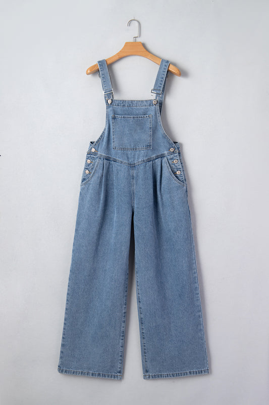 Dusk Blue Pleated Wide Leg Retro Pocketed Denim Jumpsuit.