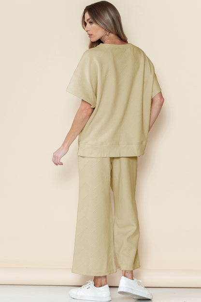 Navy Blue Textured Loose Fit T Shirt and Drawstring Pants Set - Cowaa