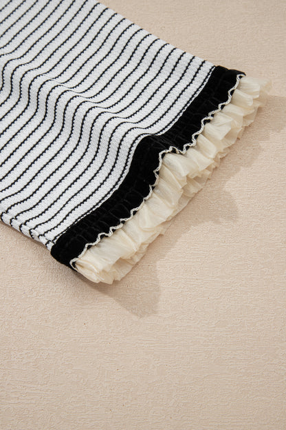 White Stripe Contrasted Ruffle Trim Loose Long Sleeve Top - Cowaa