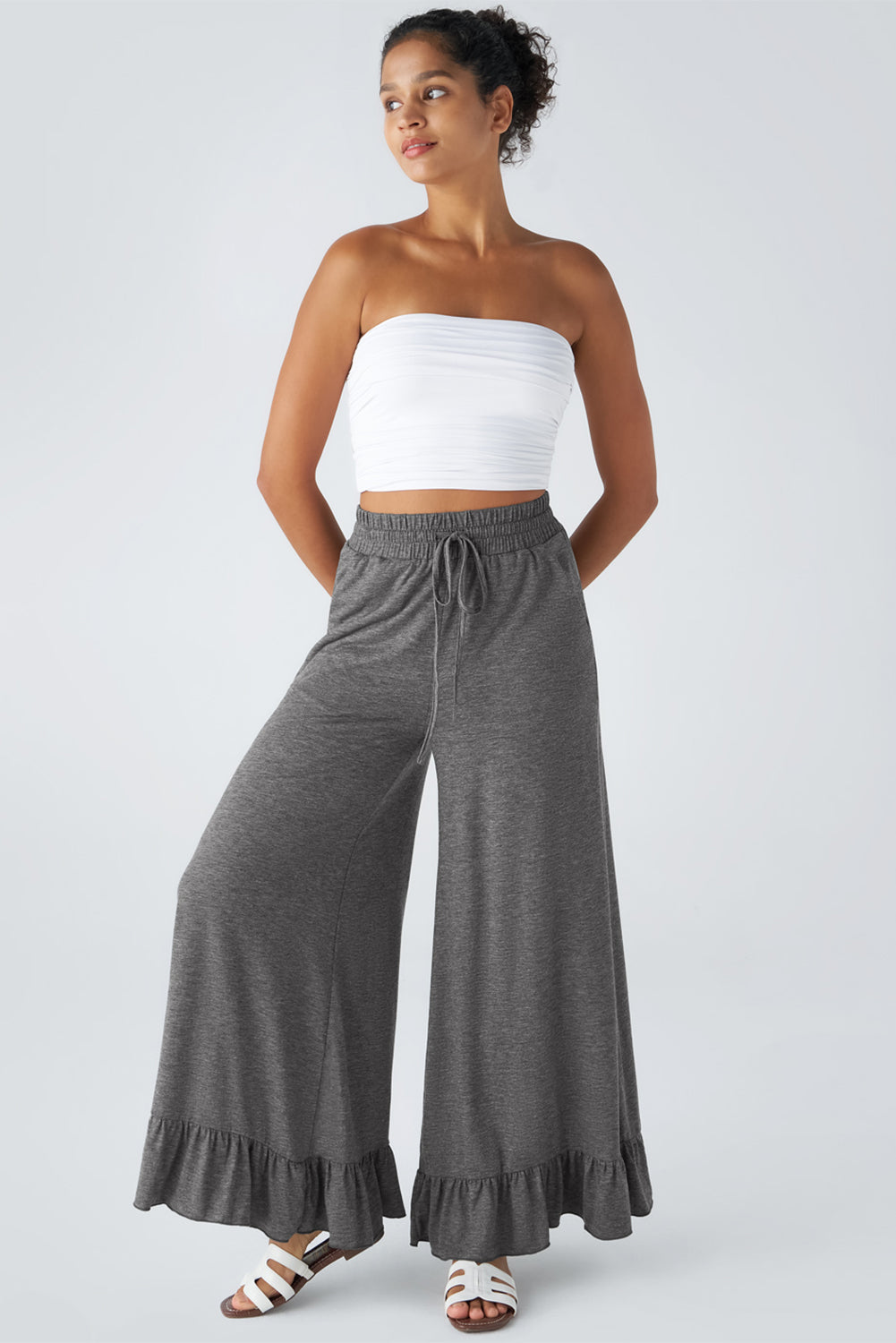 Dune Solid Color Ruffle Hem Wide Leg Pants - Cowaa