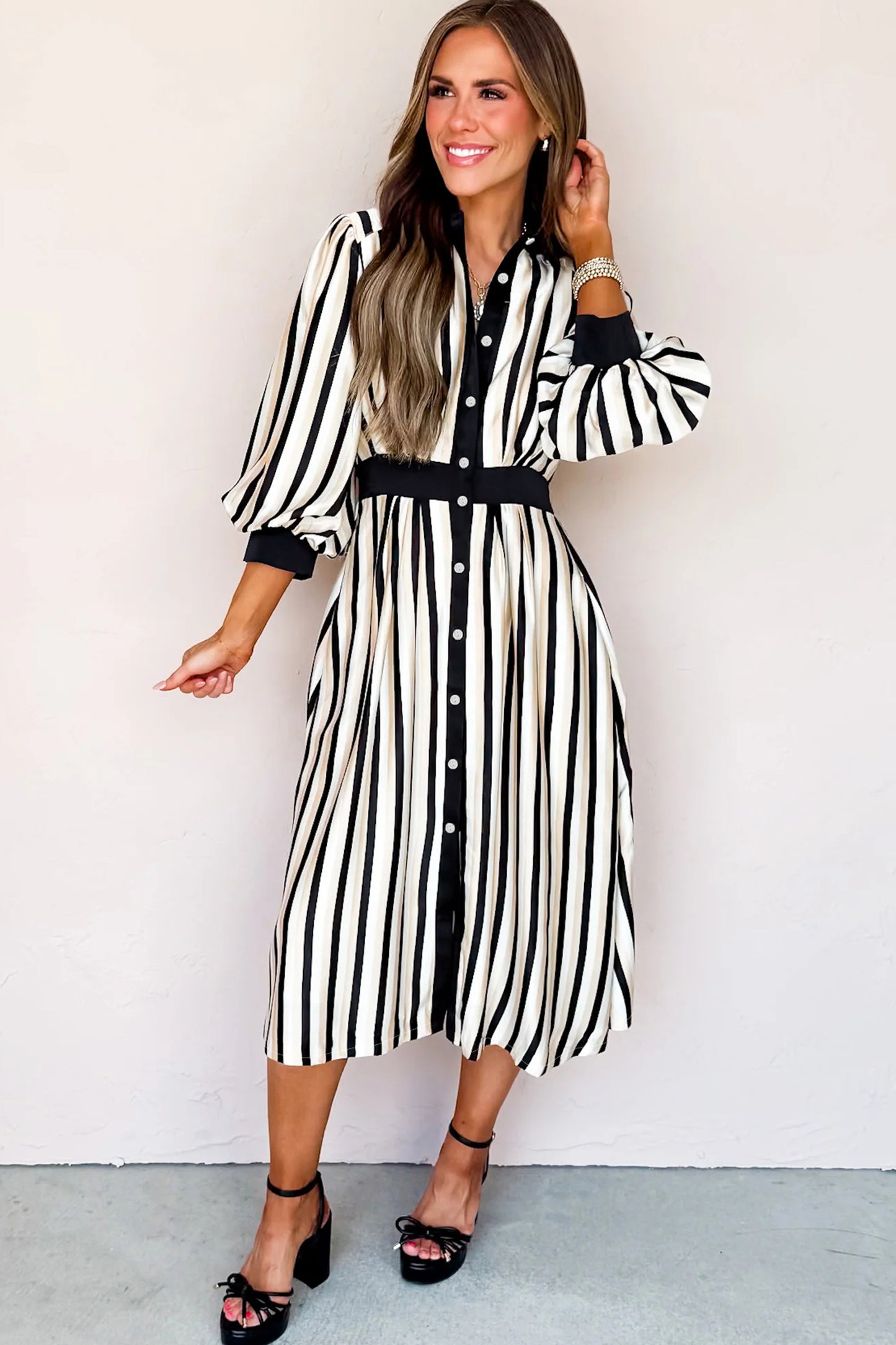 Black Stripe 3/4 Puff Sleeve Shirt Style Button Down Midi Dress - Cowaa
