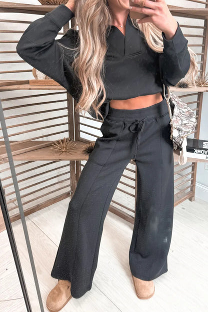 Bristol Black Collared V Neck Pullover Sweatshirt Sweatpants Set - Cowaa