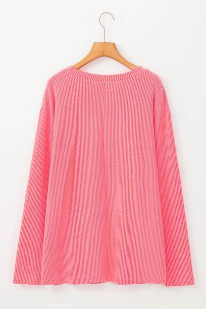 Peach Blossom Plus Size Ribbed Textured Long Sleeve T Shirt - Cowaa