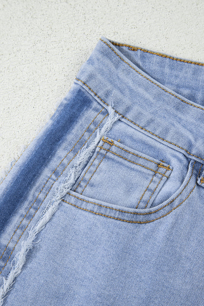 Beau Blue Contrast Stripe Frayed Side Panel Patchwork Shift Jeans - Cowaa
