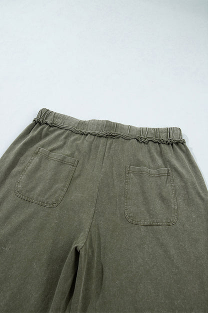 Jungle Green Mineral Wash Seam Detail Flare Leg Drawstring Pants