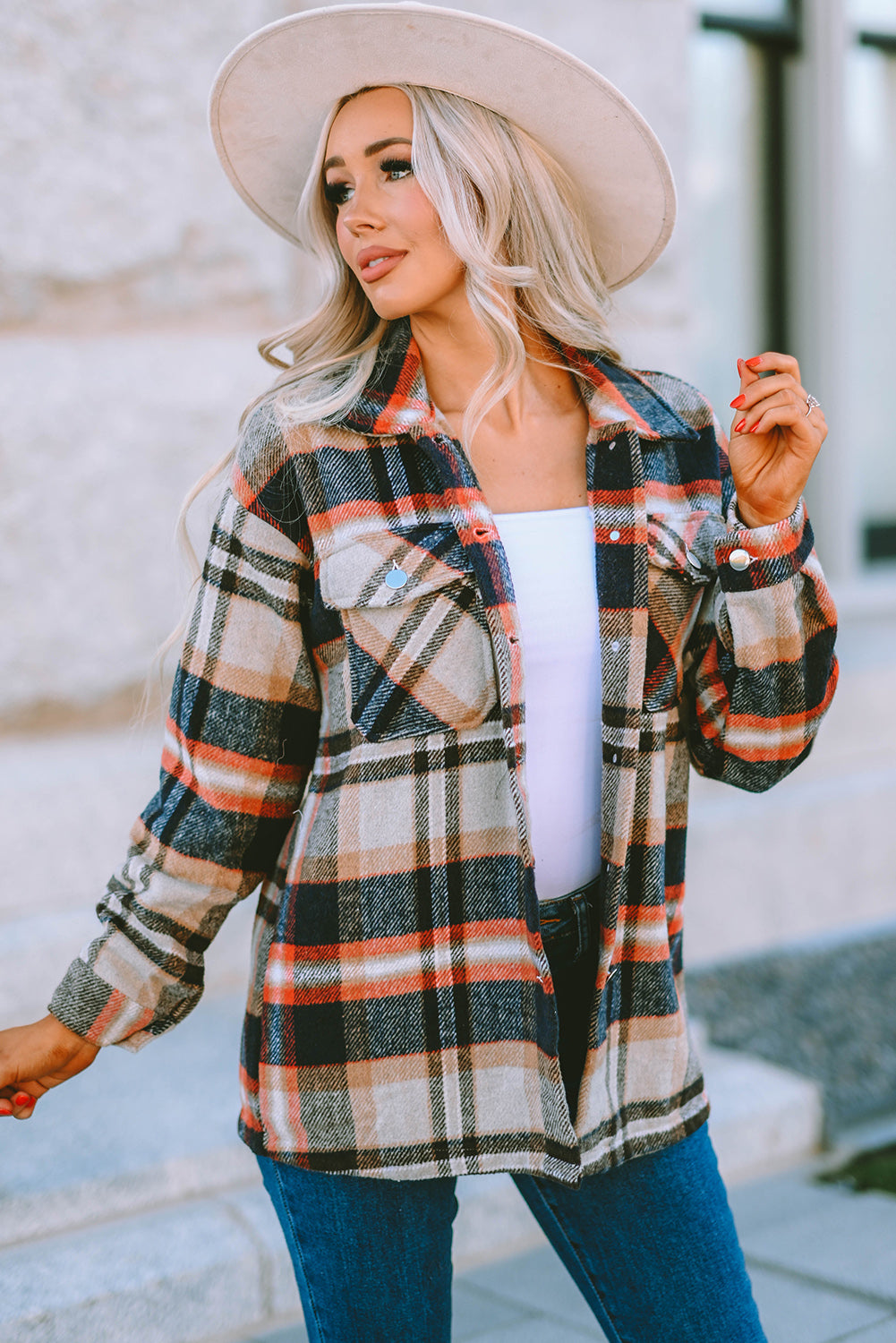 Plaid Button Front Pocket Shirt Shacket - Cowaa