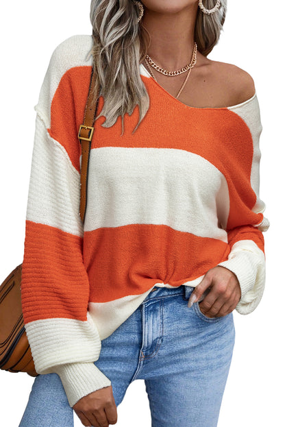 Red Stripe Colorblock V Neck Side Slits Sweater - Cowaa