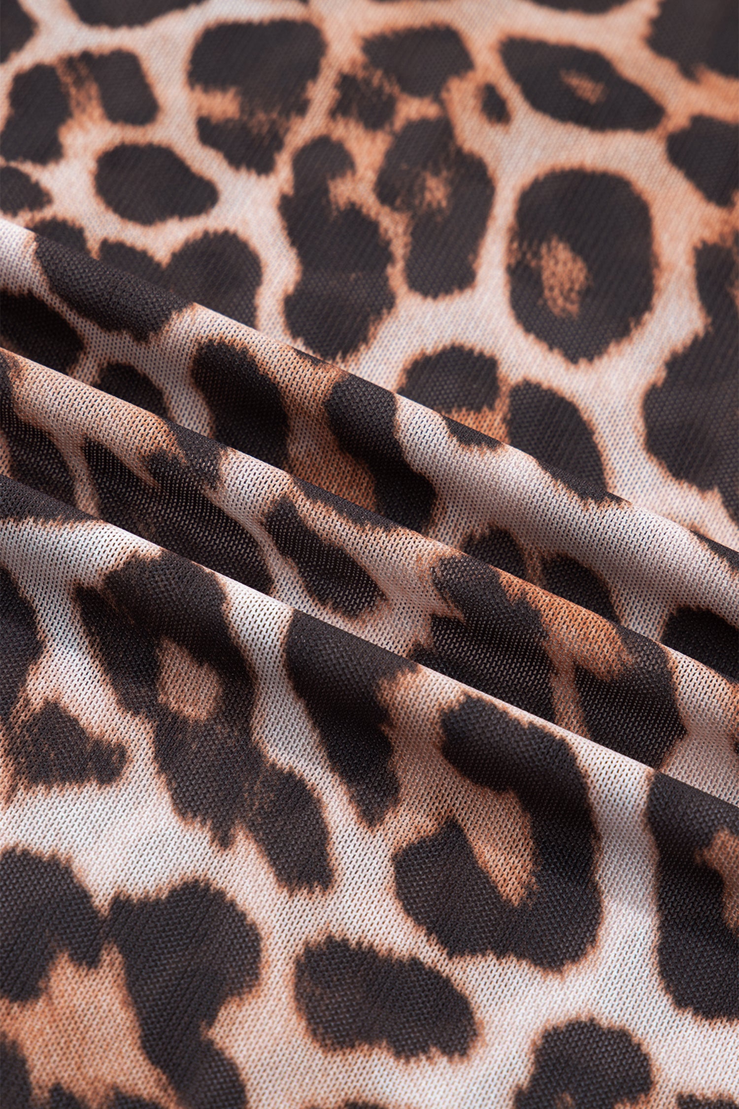 Brown Plus Size Mock Neck Leopard Mesh Top - Cowaa