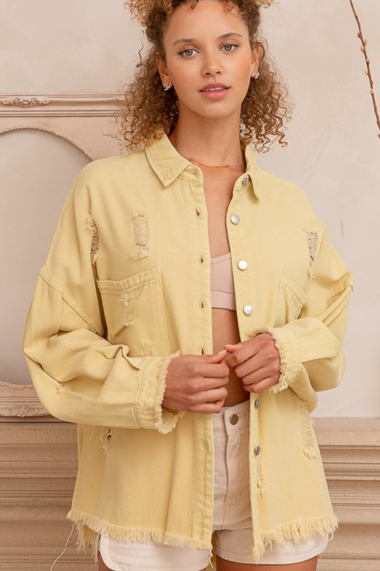 Button Down Raw Hem Distressed Shacket - Cowaa
