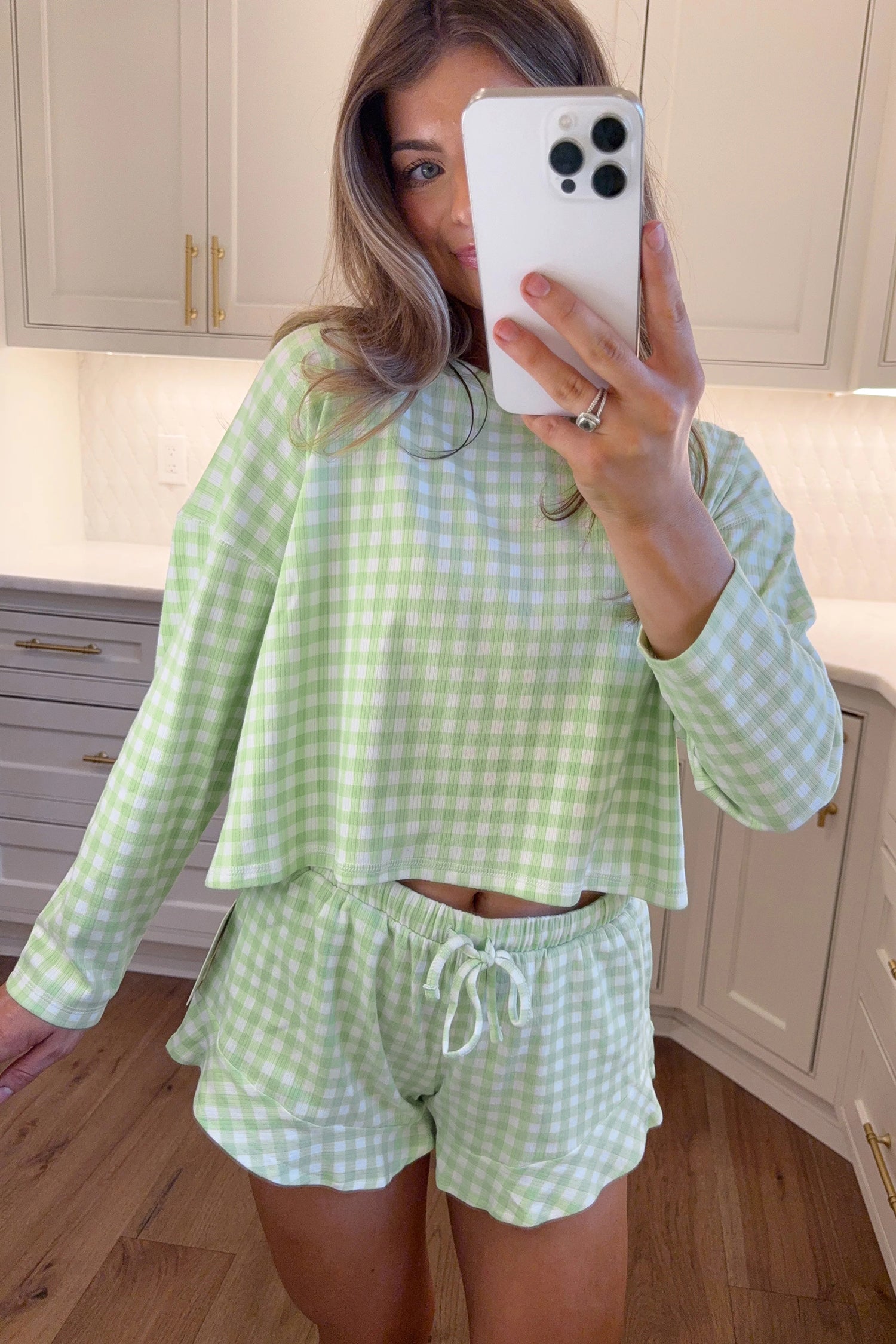 Green Gingham Long Sleeve Loose Top Drawstring Shorts 2pcs Lounge Set - Cowaa
