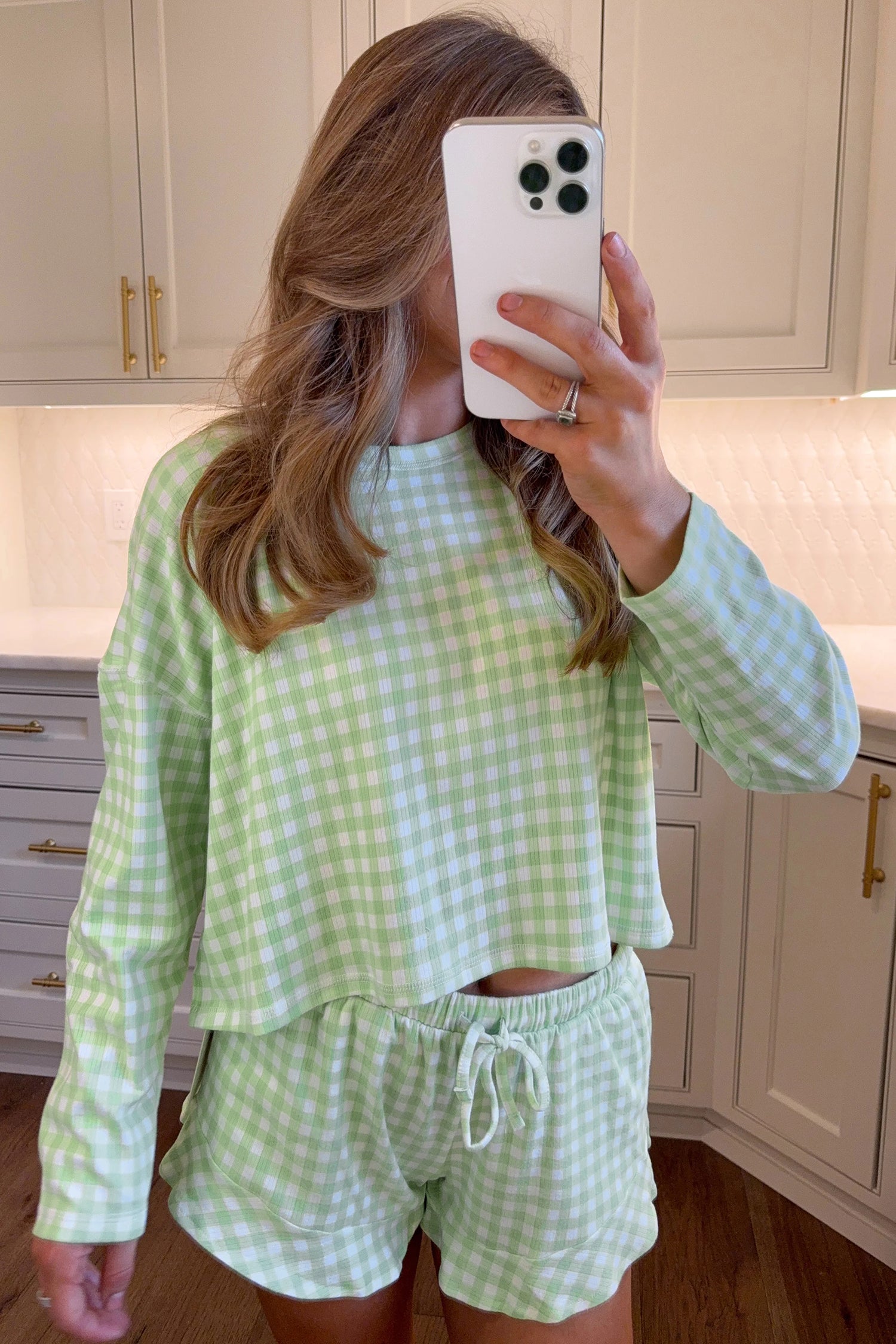 Green Gingham Long Sleeve Loose Top Drawstring Shorts 2pcs Lounge Set - Cowaa