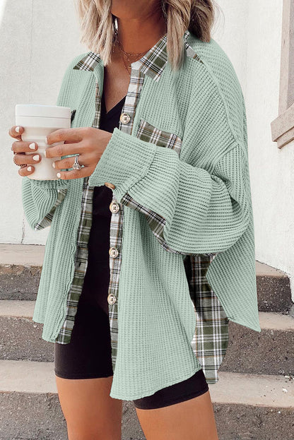 Grass Green Plaid Patchwork Waffle Thermal Knit Shacket